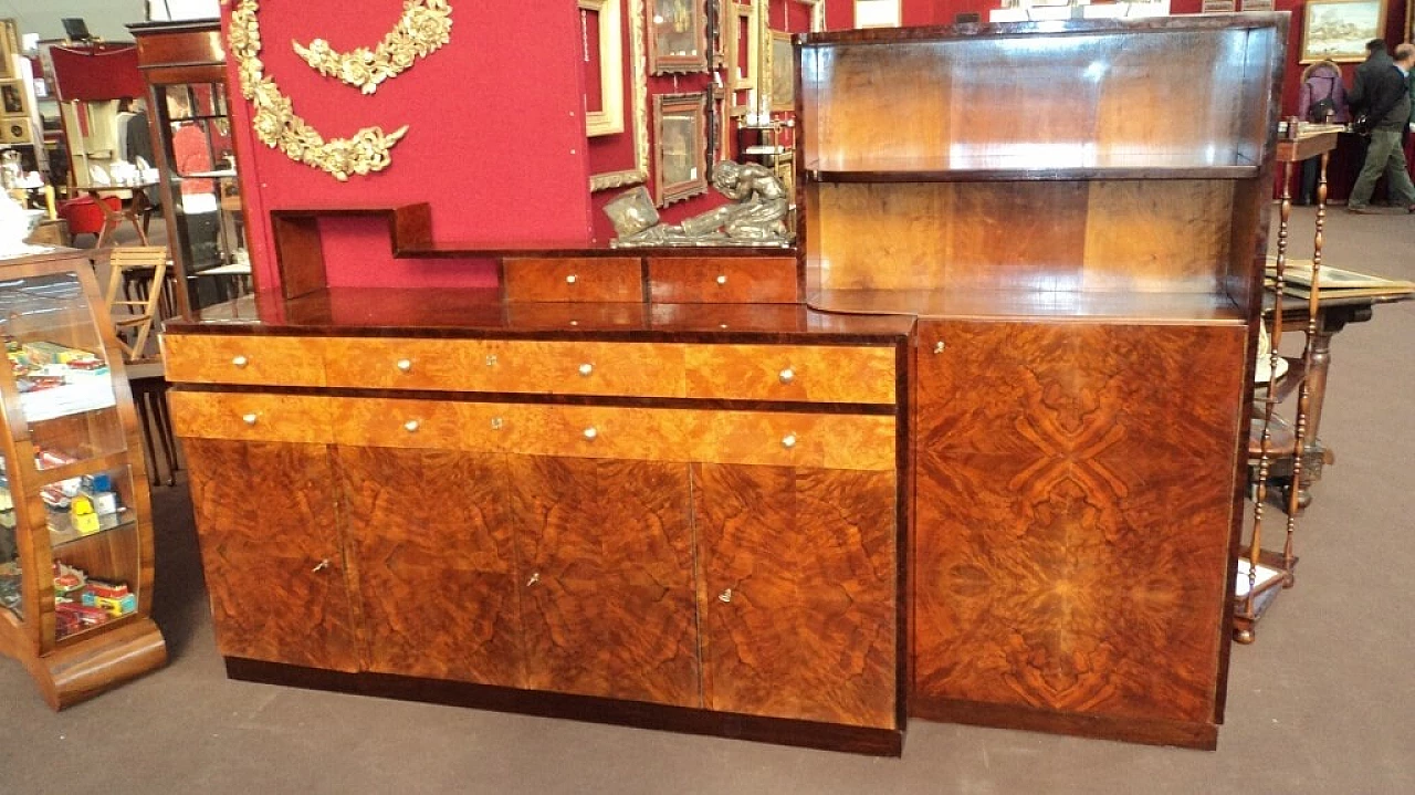 Grande credenza Art Decò in radica, con ante e cassetti, anni '30 2