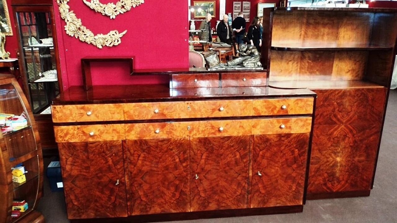 Grande credenza Art Decò in radica, con ante e cassetti, anni '30 3