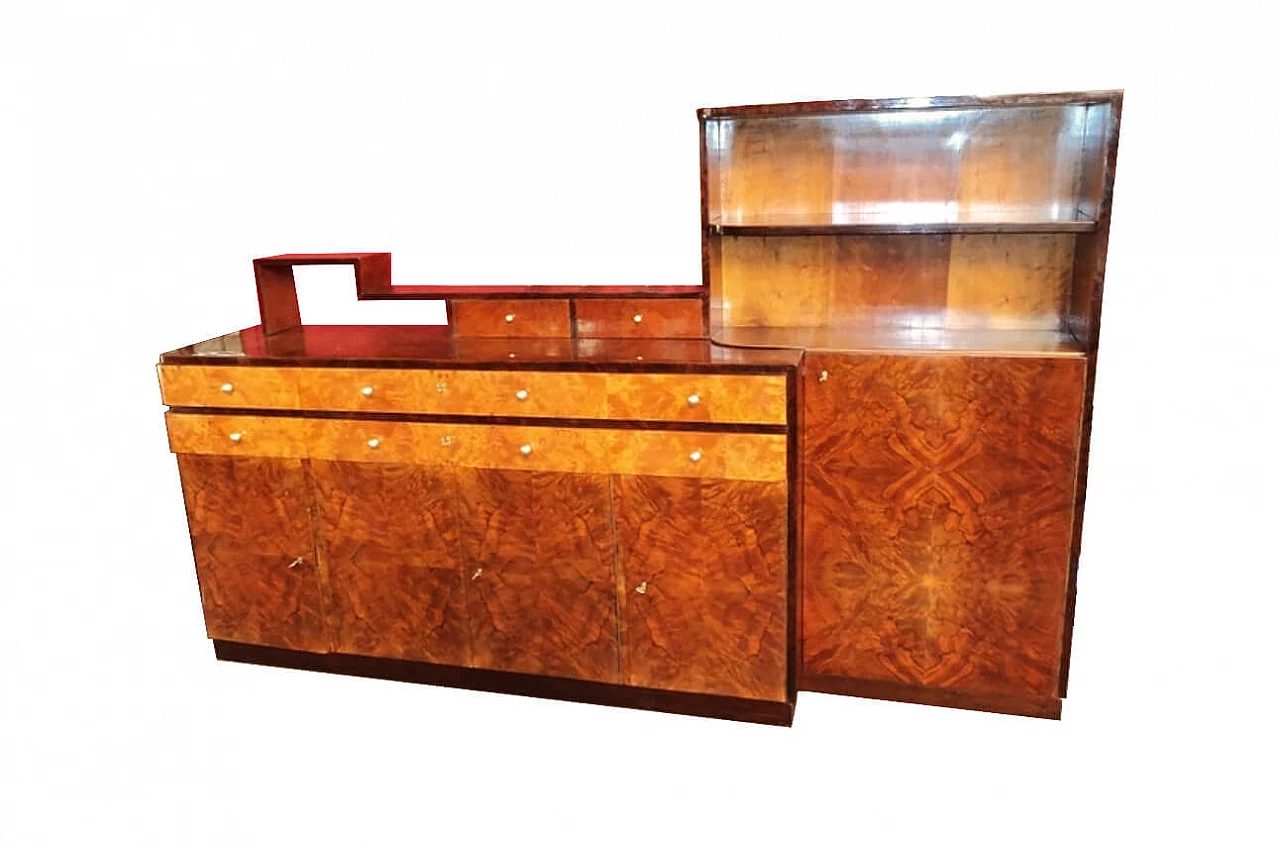 Grande credenza Art Decò in radica, con ante e cassetti, anni '30 1