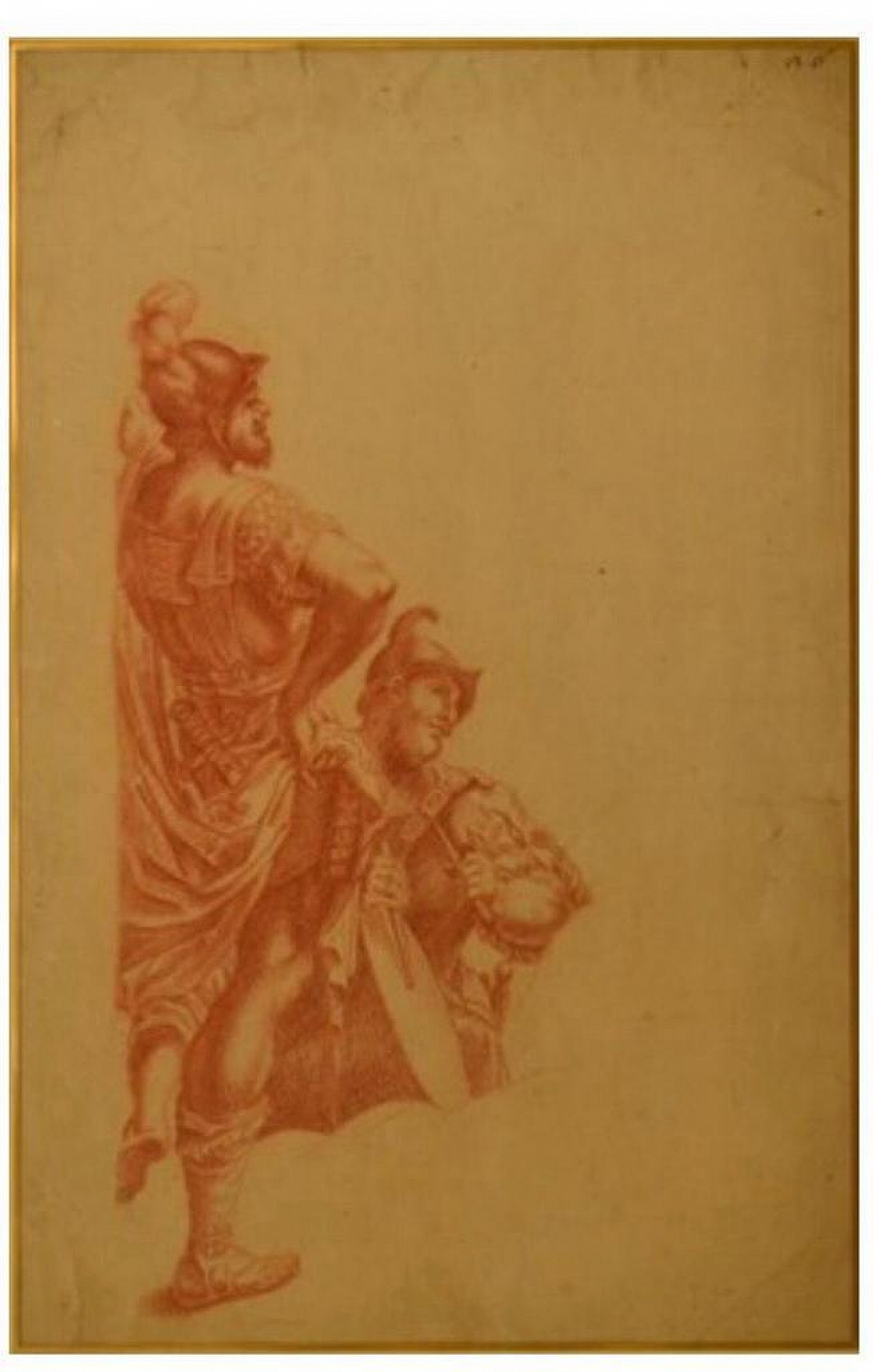 Old master drawing with soldier in red chalk on paper, 17th century 2