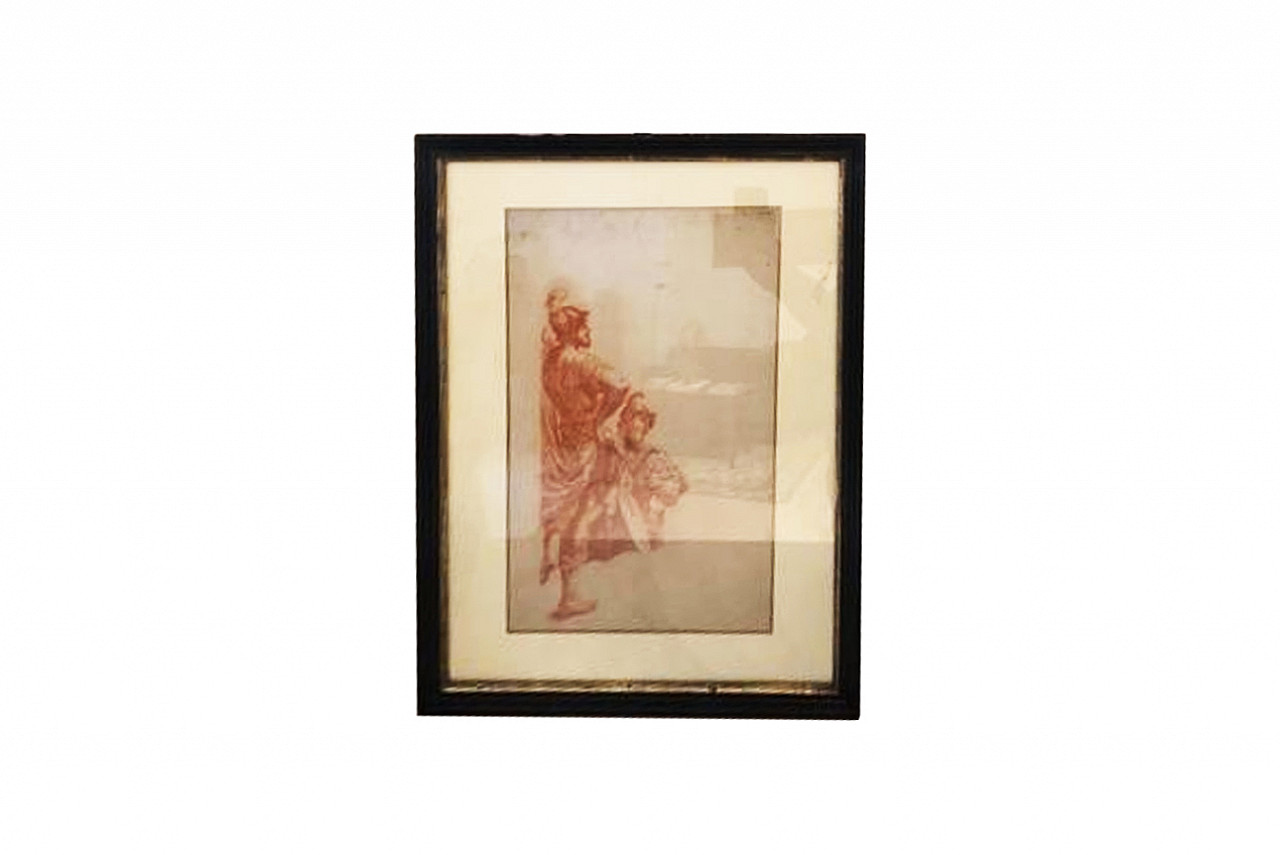 Old master drawing with soldier in red chalk on paper, 17th century 1