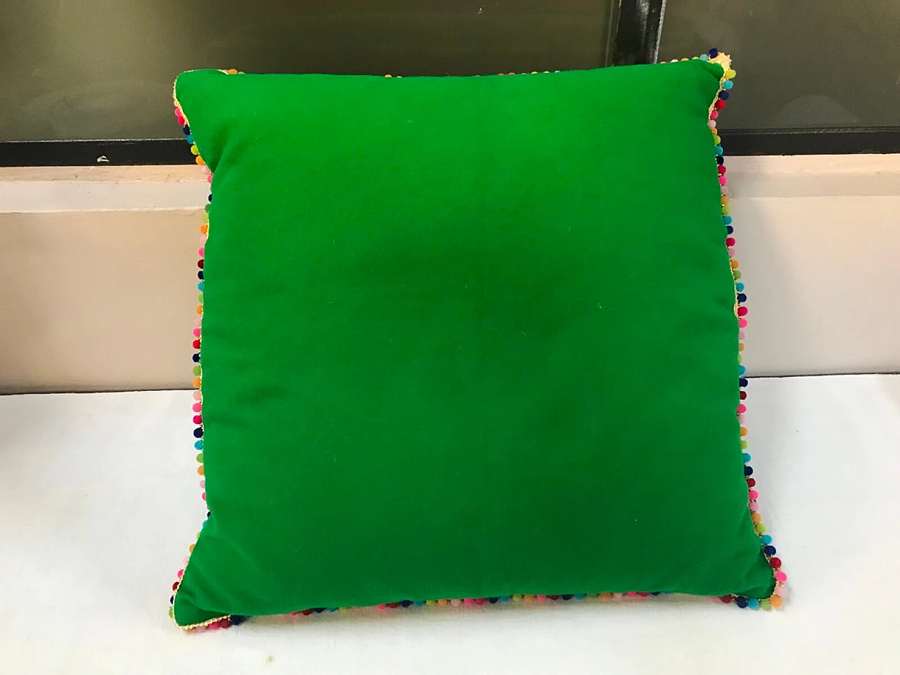 3 cushions in green moleskin with multicoloured dot border 4