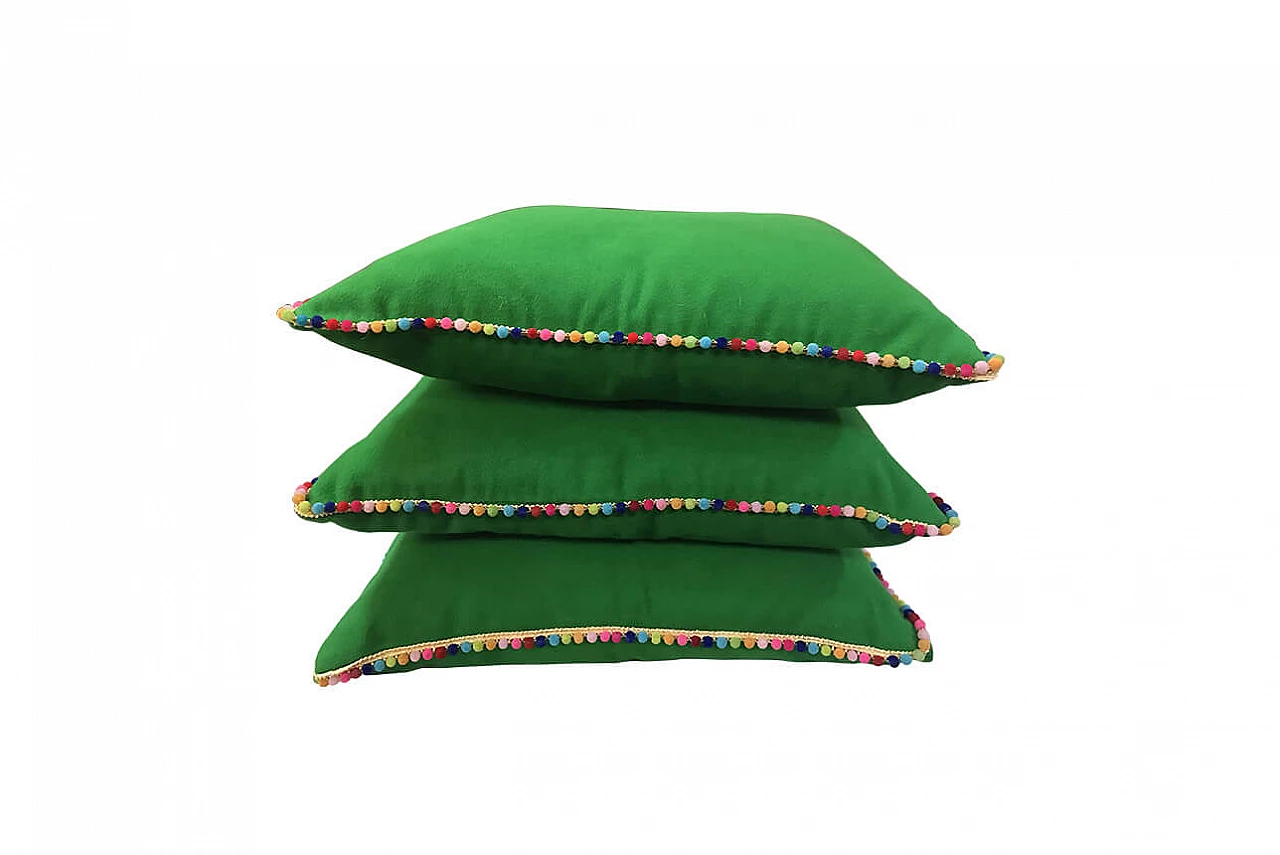 3 cushions in green moleskin with multicoloured dot border 1