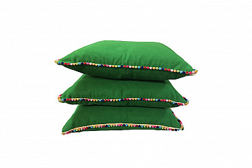 3 cuscini in Fustagno verde con bordo a pallini multicolor