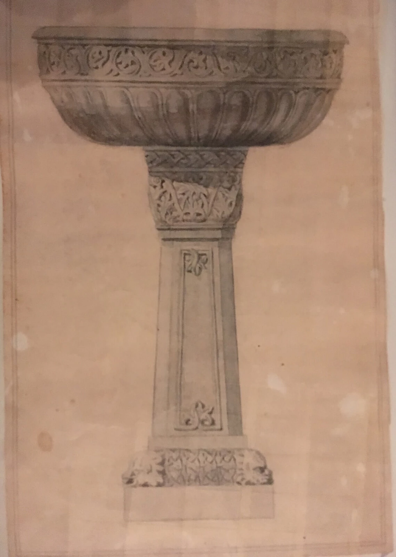 Watercolour drawing of a 19th century baptismal font, 19th century 6