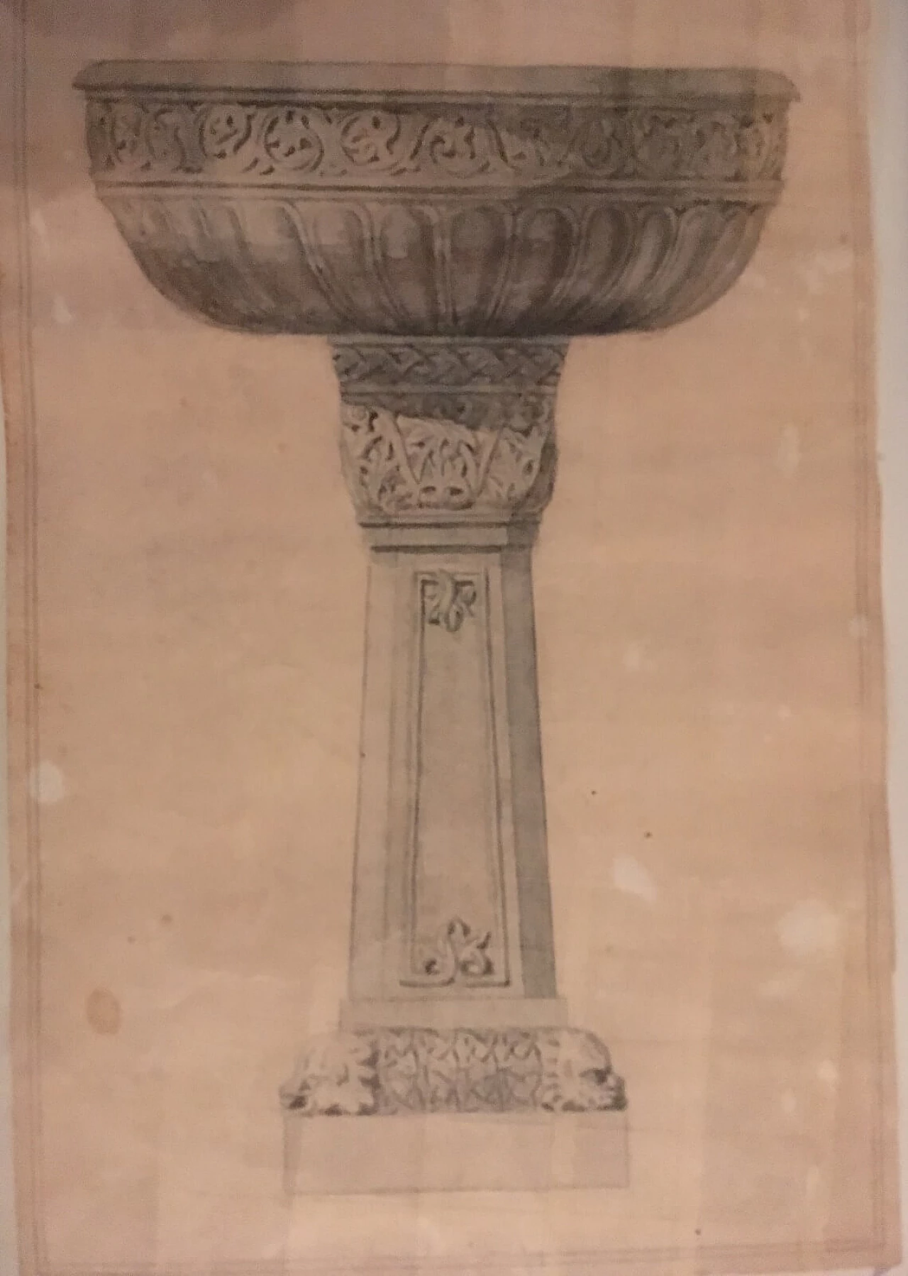 Disegno acquerellato di un fonte battesimale, '800 6