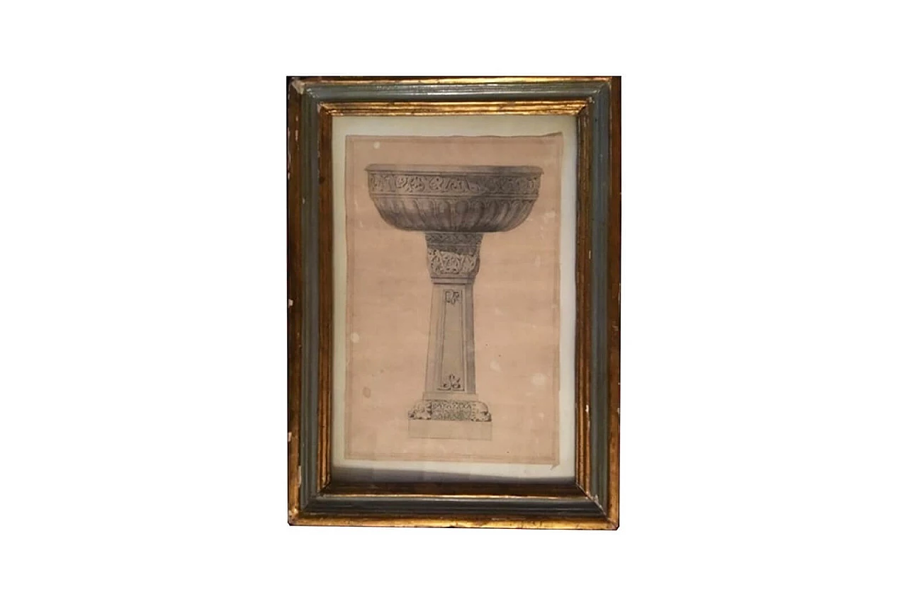 Watercolour drawing of a 19th century baptismal font, 19th century 1