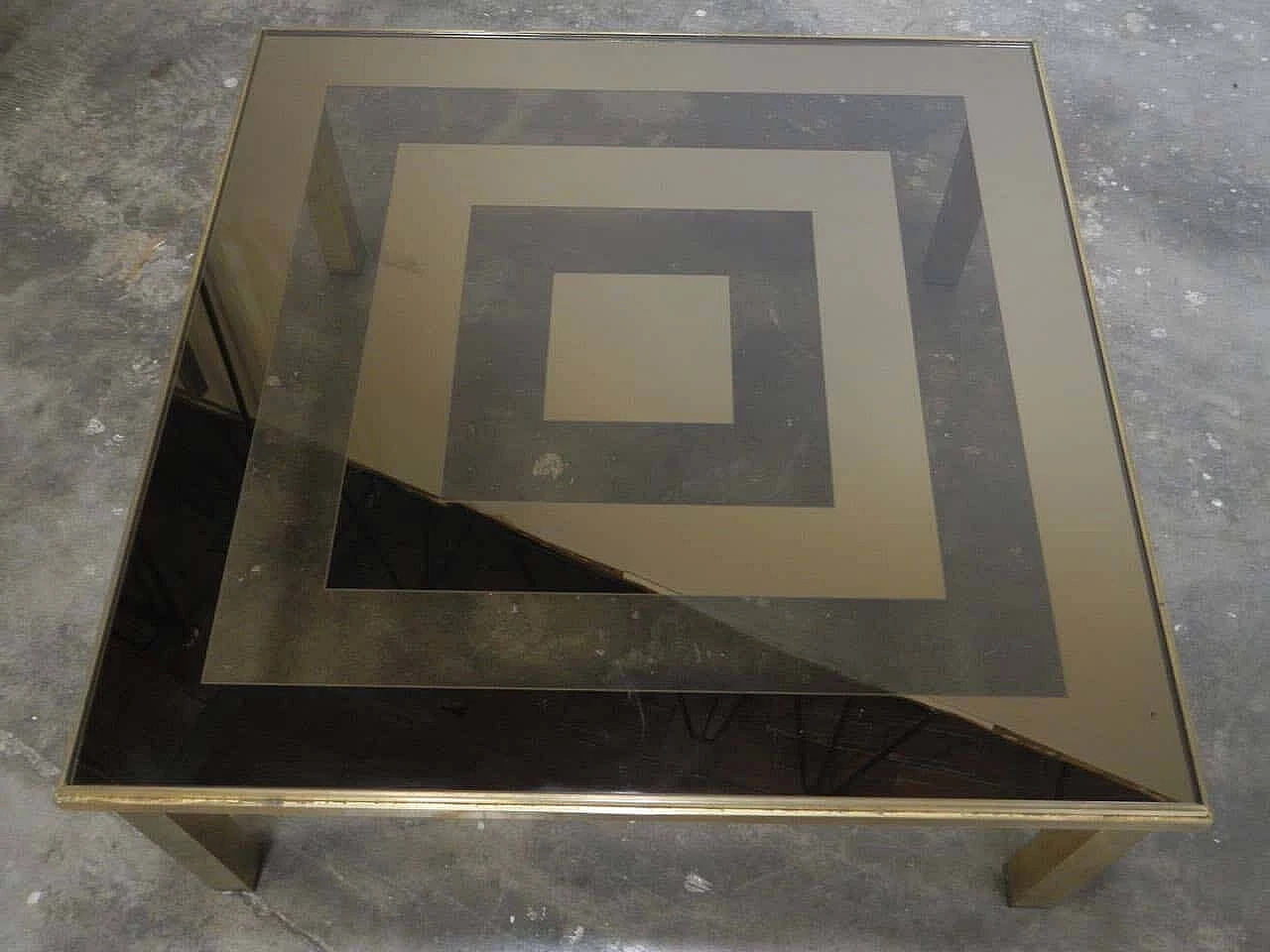 Squared brass-plated coffee table with striped mirrored glass top, Italy, 70s 3