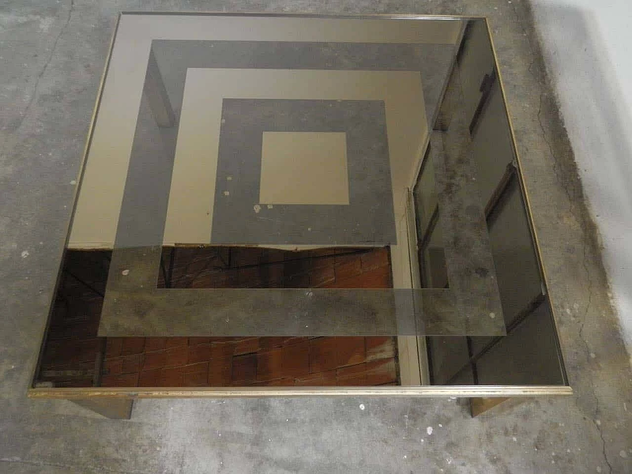 Squared brass-plated coffee table with striped mirrored glass top, Italy, 70s 4