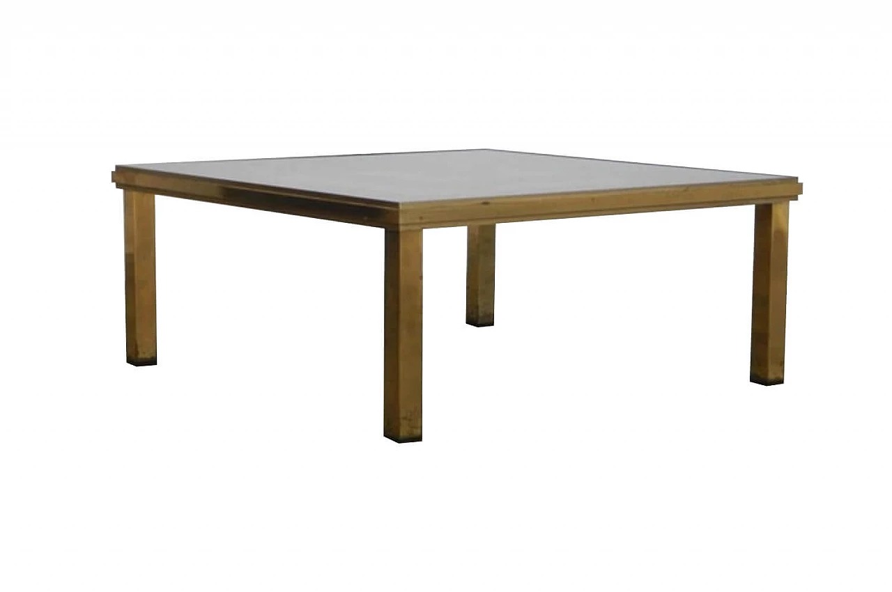 Squared brass-plated coffee table with striped mirrored glass top, Italy, 70s 1