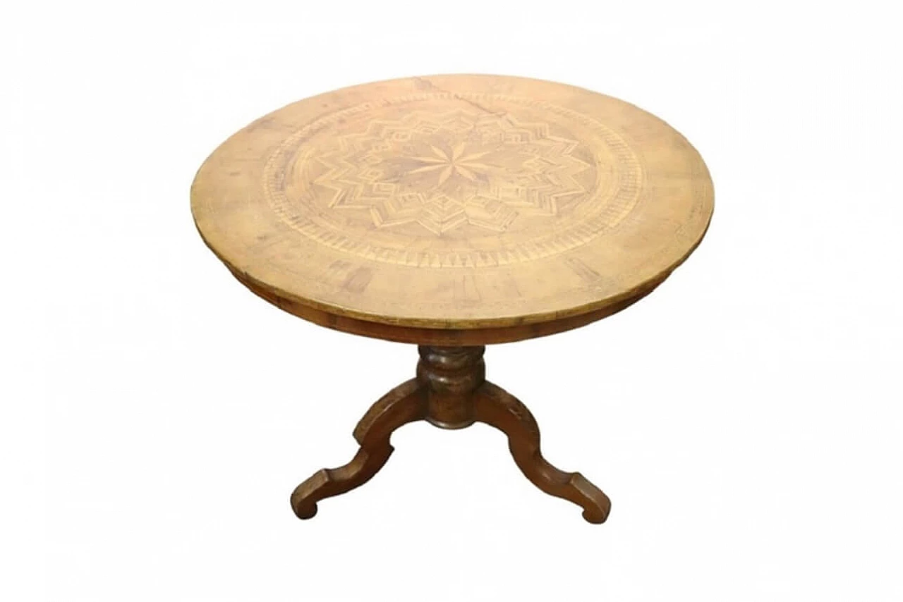 Antique round inlaid walnut table, Rolo Italy, 19th century 1
