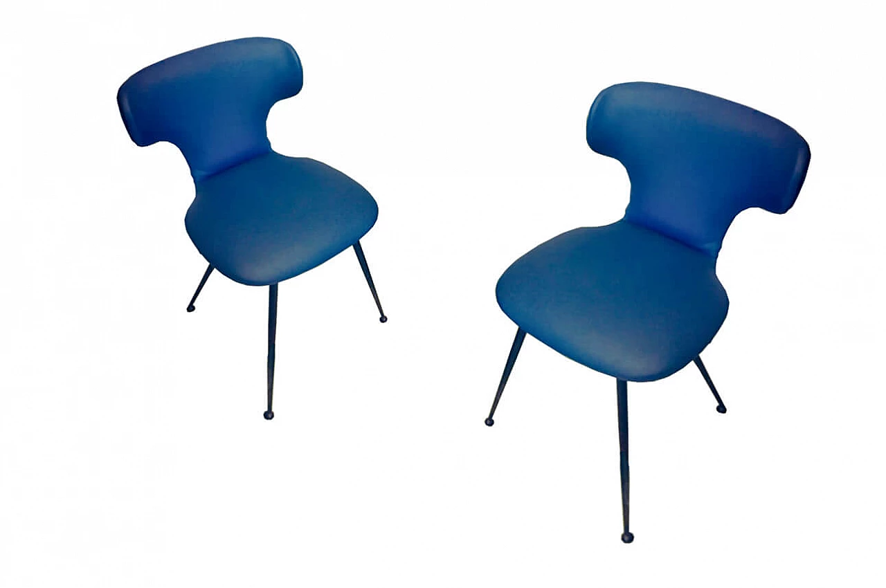 Pair of blue leatherette upholstered chairs, 60s 1