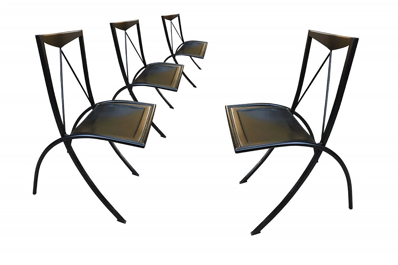 4 black folding chairs, with leather seat, 80's 1