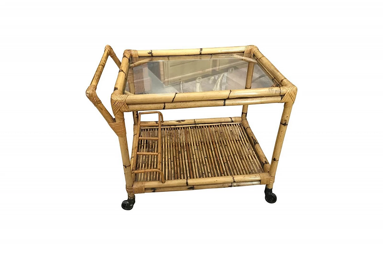Bamboo cart-tray with glass top and wheels 1