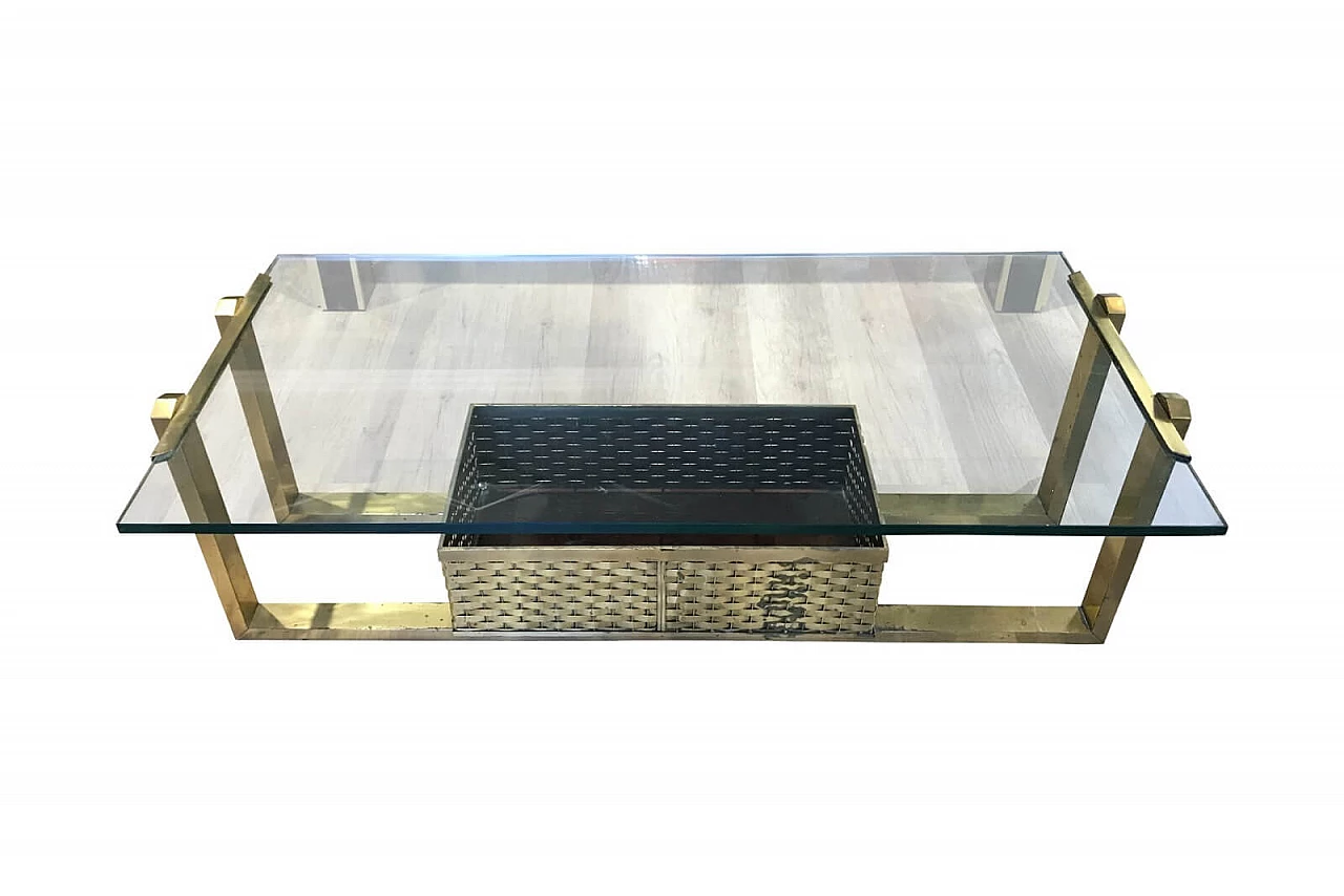 Brass coffee table for living room, with container, 70s 1