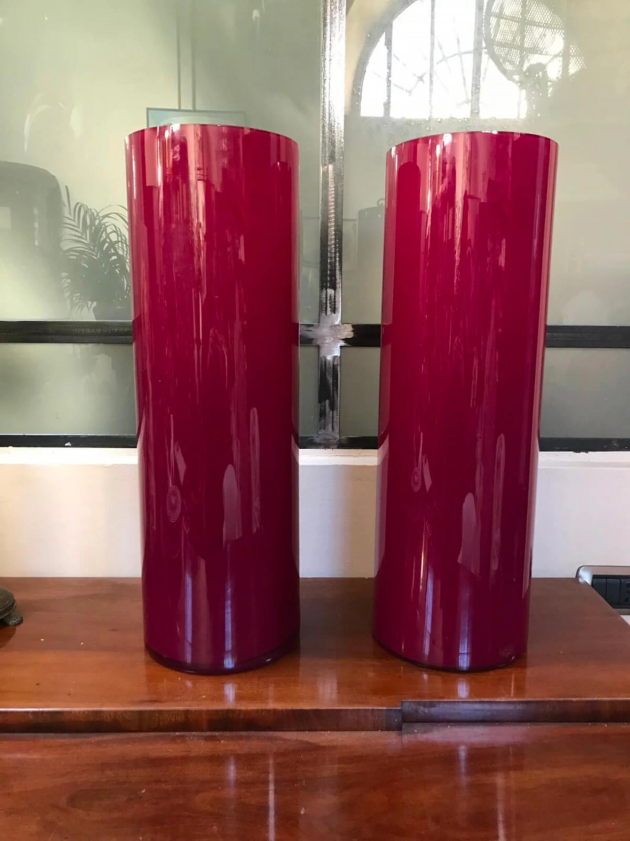 Pair of large raspberry-coloured glass vases 2