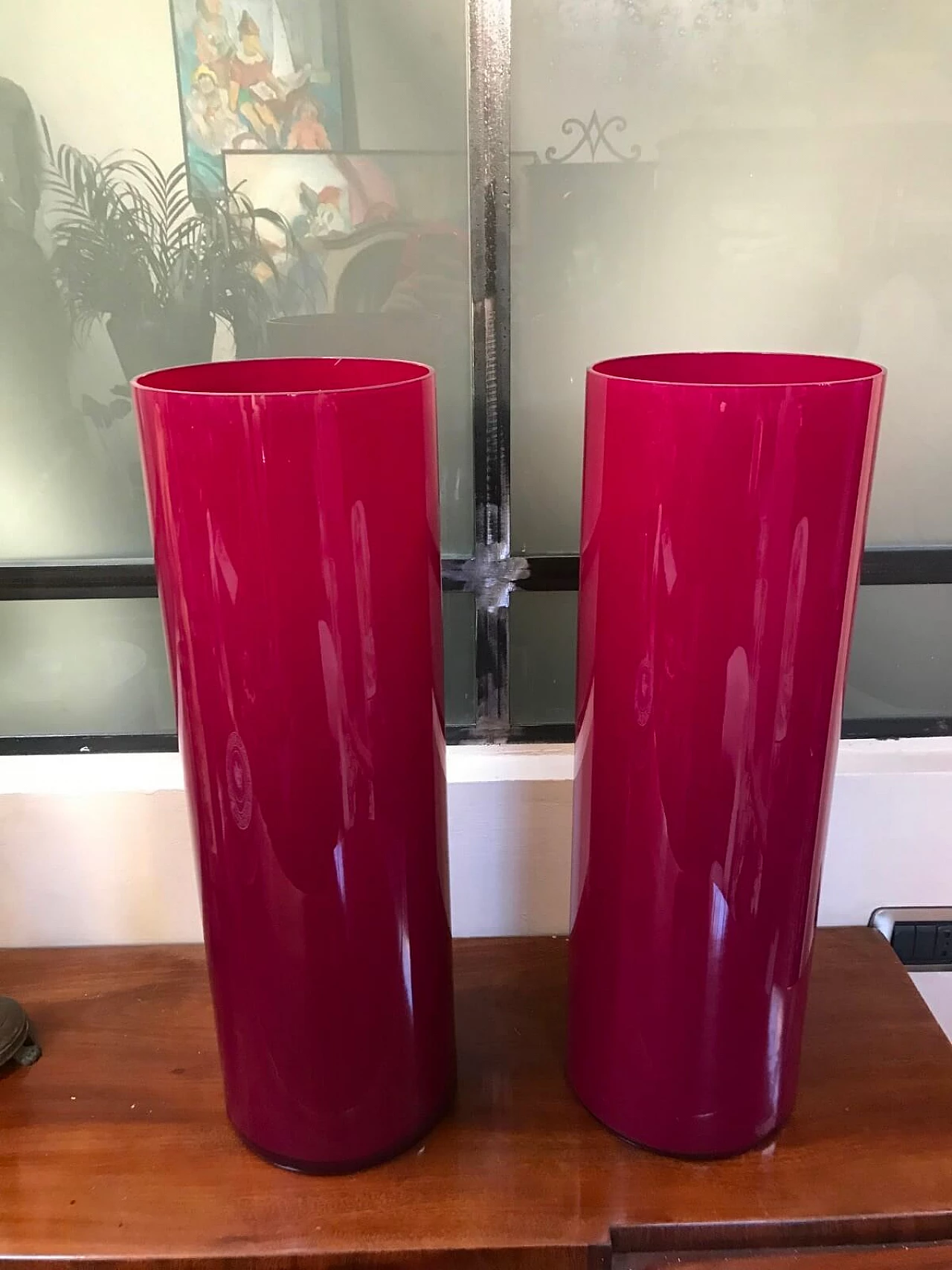 Pair of large raspberry-coloured glass vases 3