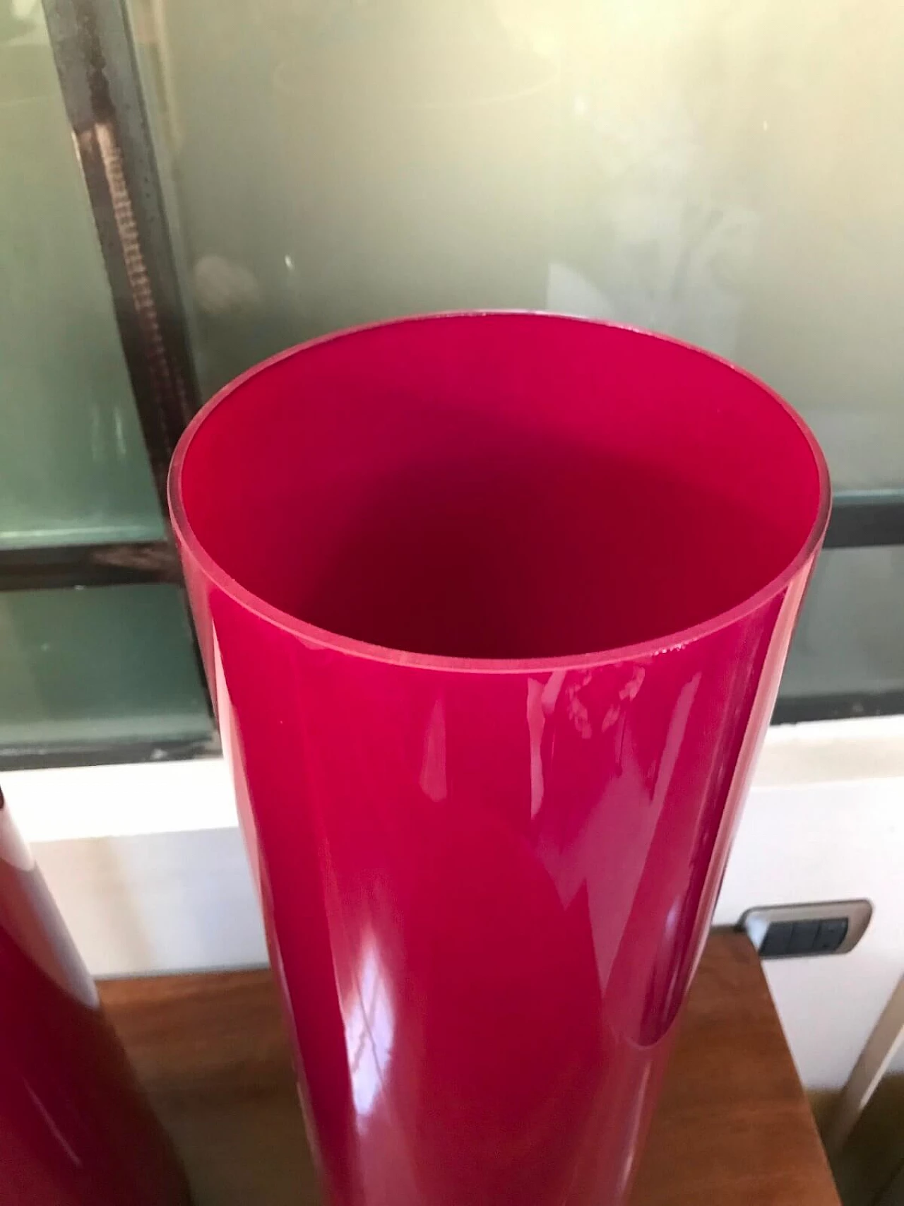 Pair of large raspberry-coloured glass vases 4