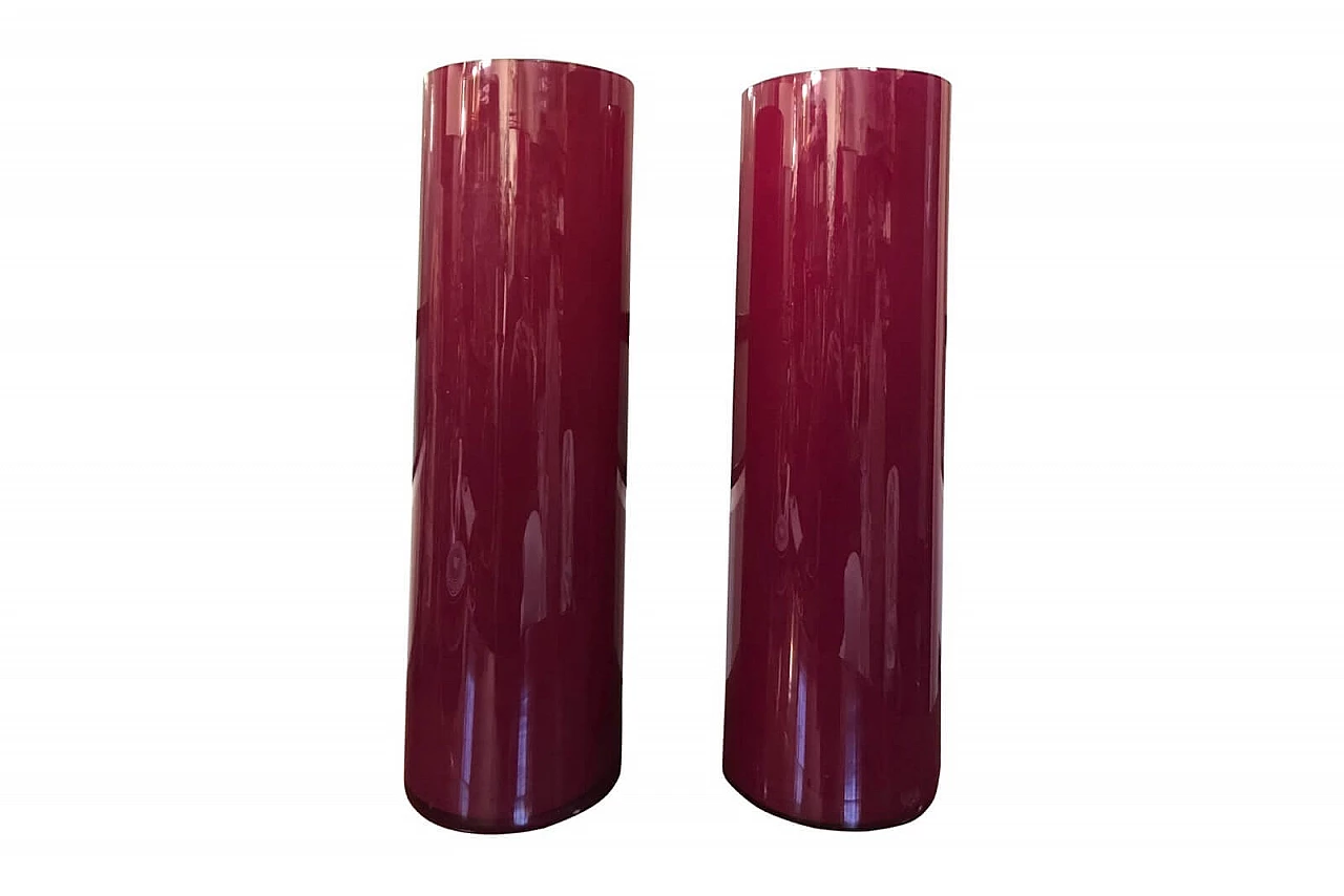 Pair of large raspberry-coloured glass vases 1