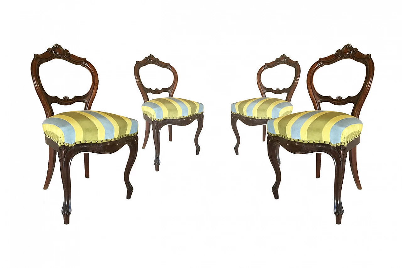 Quattro sedie Luigi Filippo in mogano, con tessuto a righe, metà '800 1