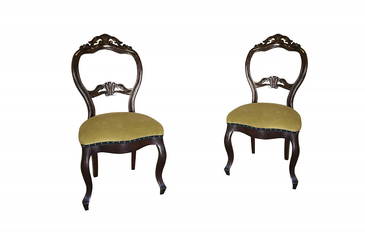 Pair of Louis Philippe chairs in walnut, with green velvet, 19th century 1