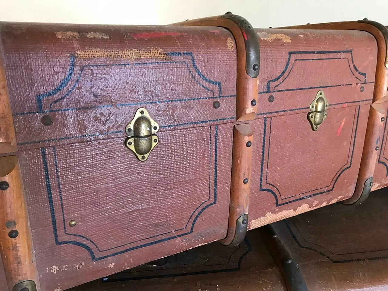 Pair of trunks, wooden with leather handles 14