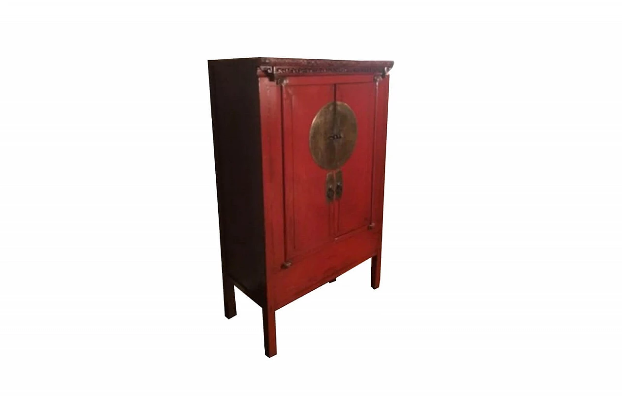 Antique oriental safe or wardrobe in red lacquered wood, 19th century 1