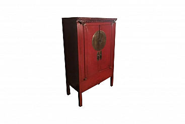 Antique oriental safe or wardrobe in red lacquered wood, 19th century