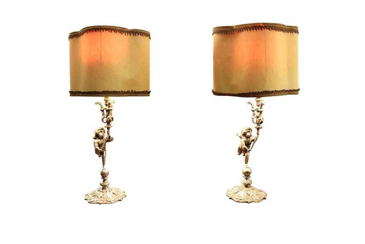 Pair of antique silver-plated bronze table lamps, Italy, ca. 1900 1