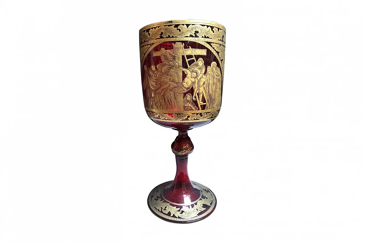 Calice in vetro di Murano rosso e oro, primi '900 1