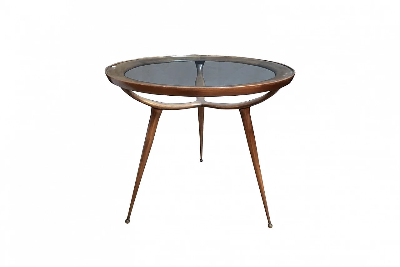 Round coffee table in wavy wood and glass, '50s 1
