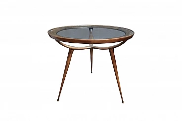 Tavolino rotondo in legno mosso e vetro,  anni '50