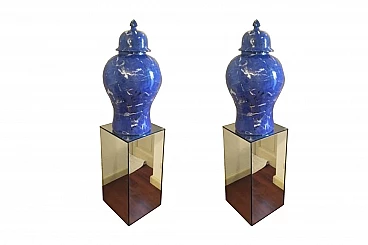 Coppia di vasi con coperchi in ceramica marmorizzata blu