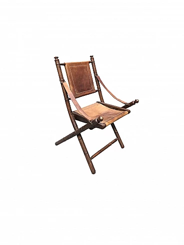 Officer's folding chair in wood and leather, 1850 approx.