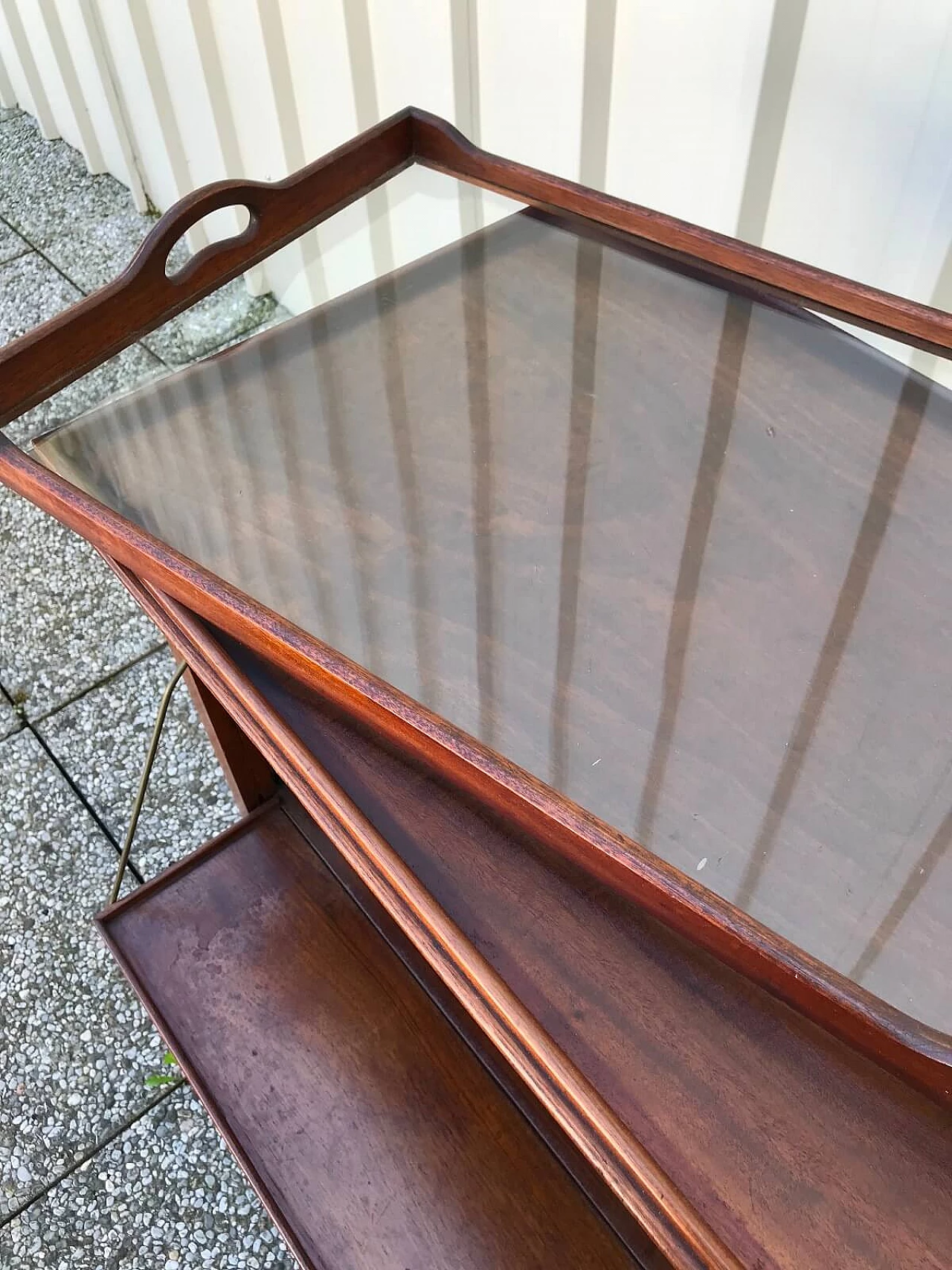 Tavolino inglese da bar con vassoio in mogano e filetti, fine ‘800 8