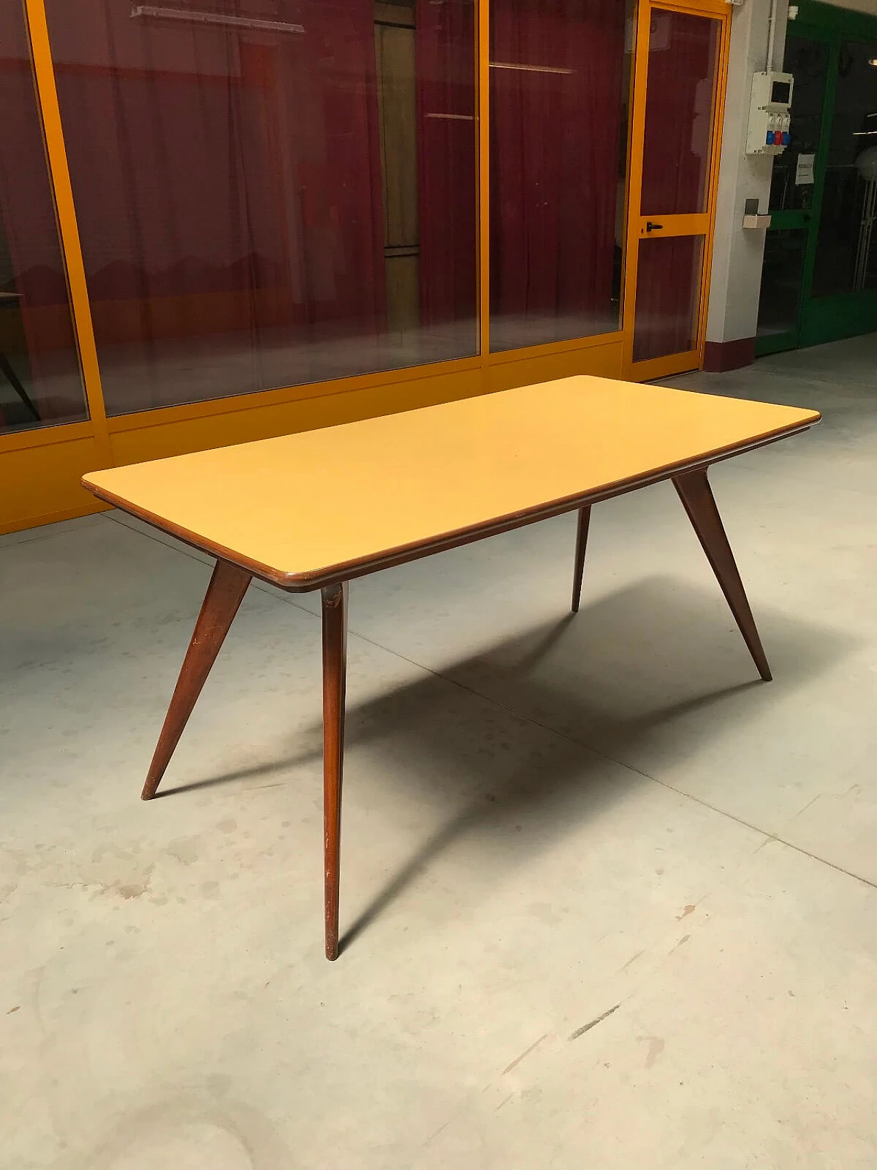 Teak table with yellow laminated top, Italy, 50s 1038929