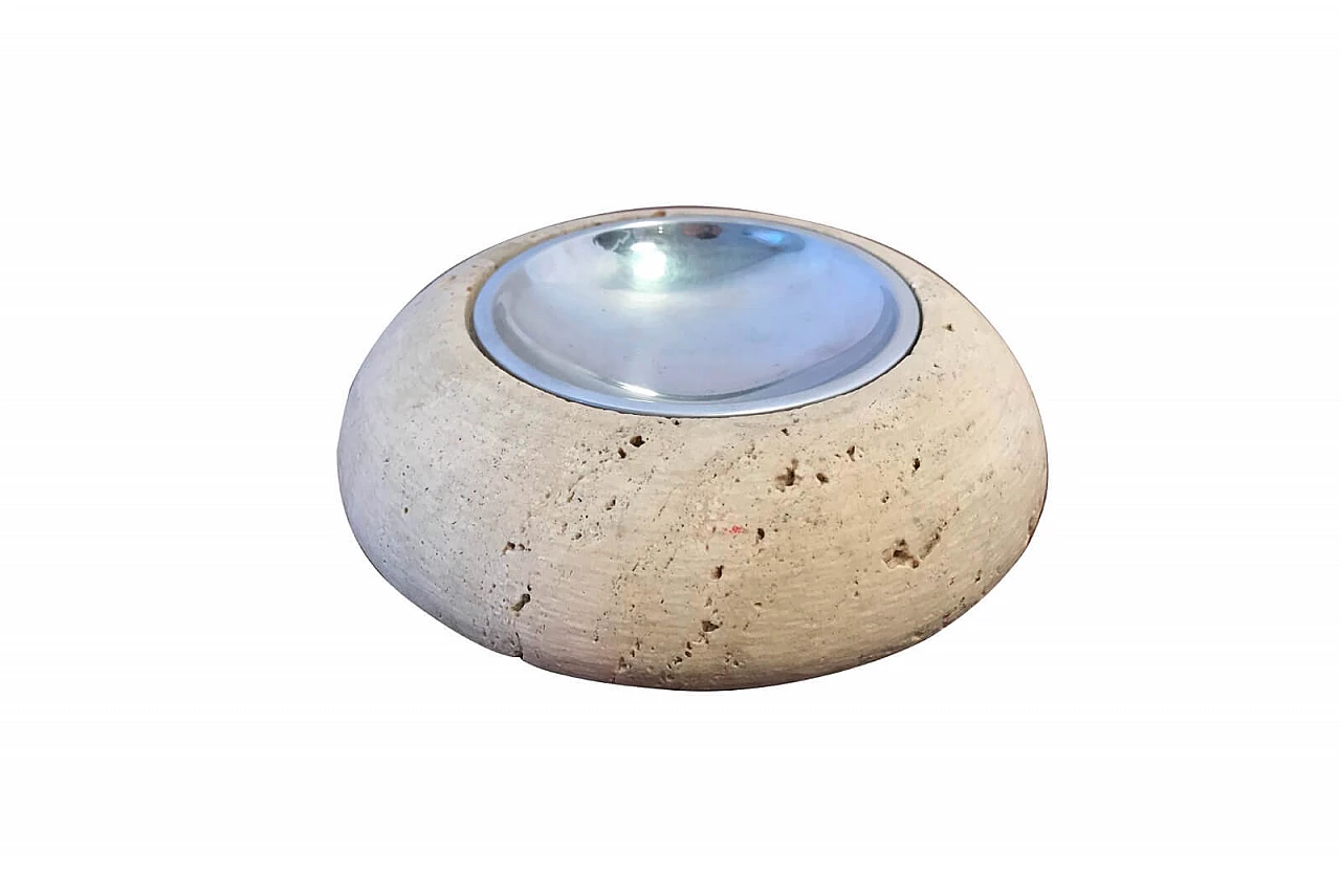 Round travertine ashtray with chrome-plated plate 1