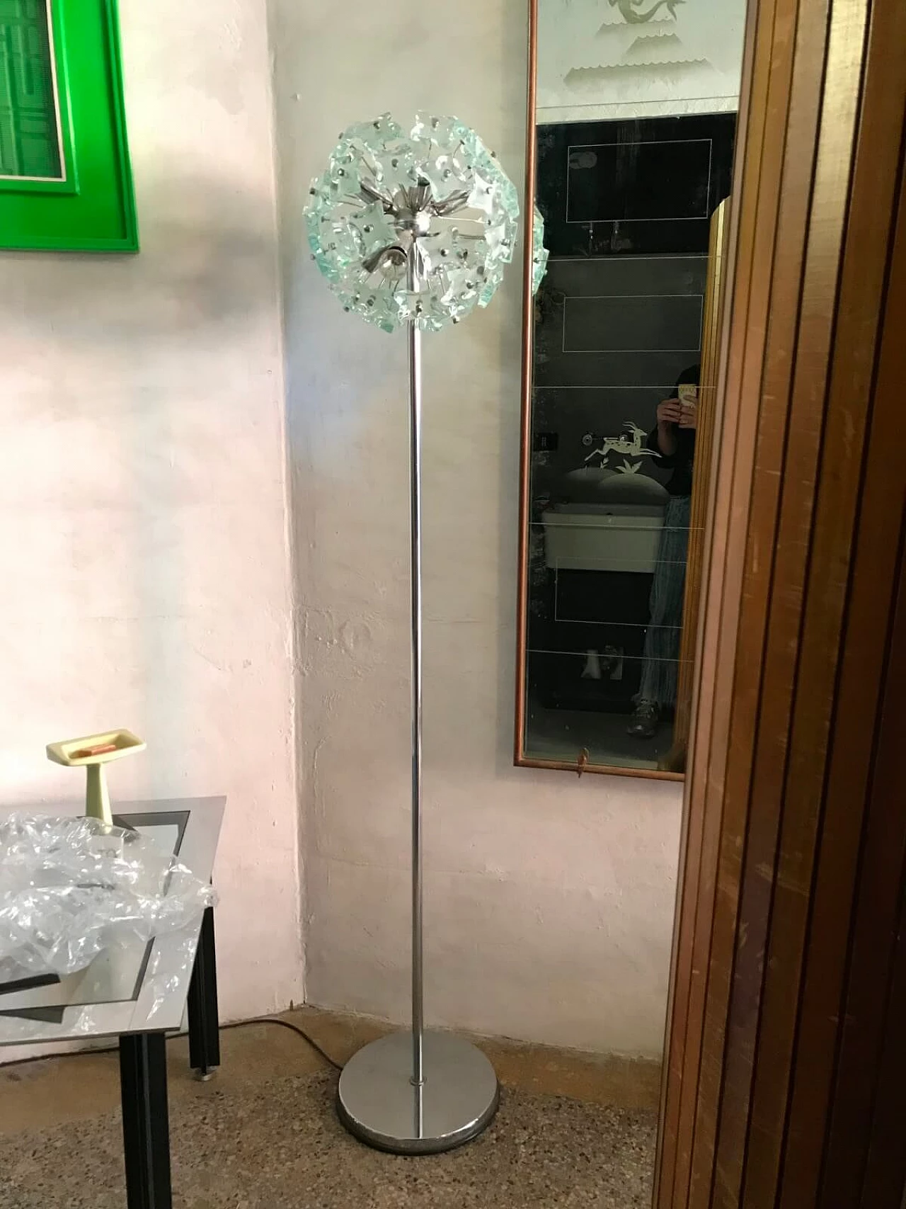 Glass and metal floor lamp, Italy, 70s 2