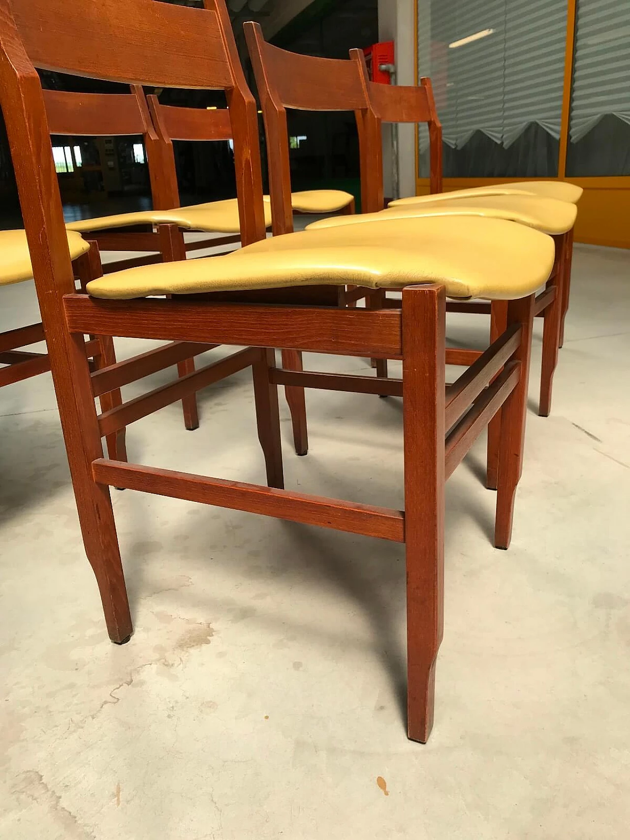 Set of 6 chairs Mid-century yellow leather seat Faleschini 7
