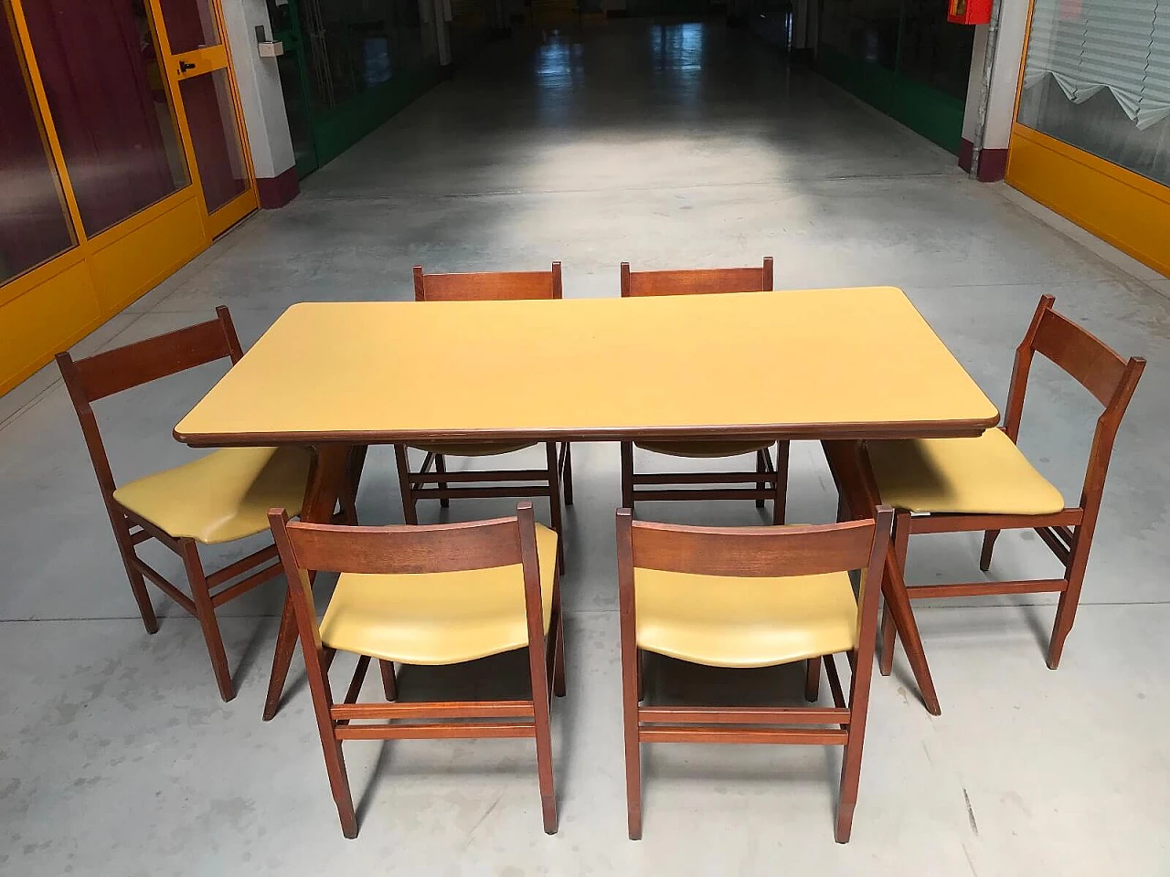 Set of 6 chairs Mid-century yellow leather seat Faleschini 9