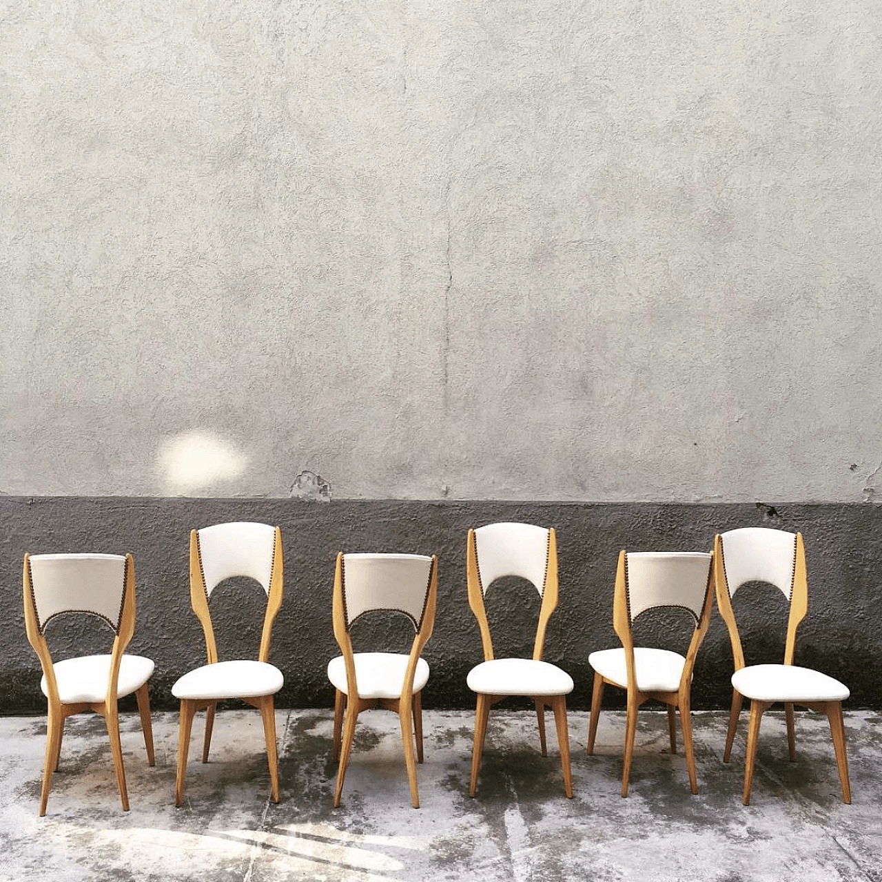 6 Italian Cherry and Ivory faux leather dining chairs, 50s 1060087