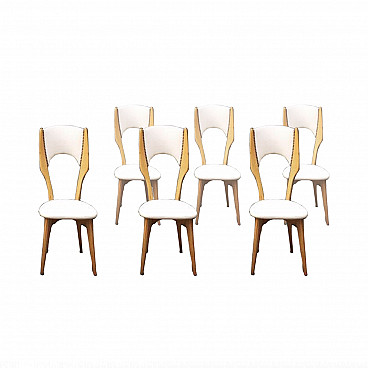 6 Italian Cherry and Ivory faux leather dining chairs, 50s