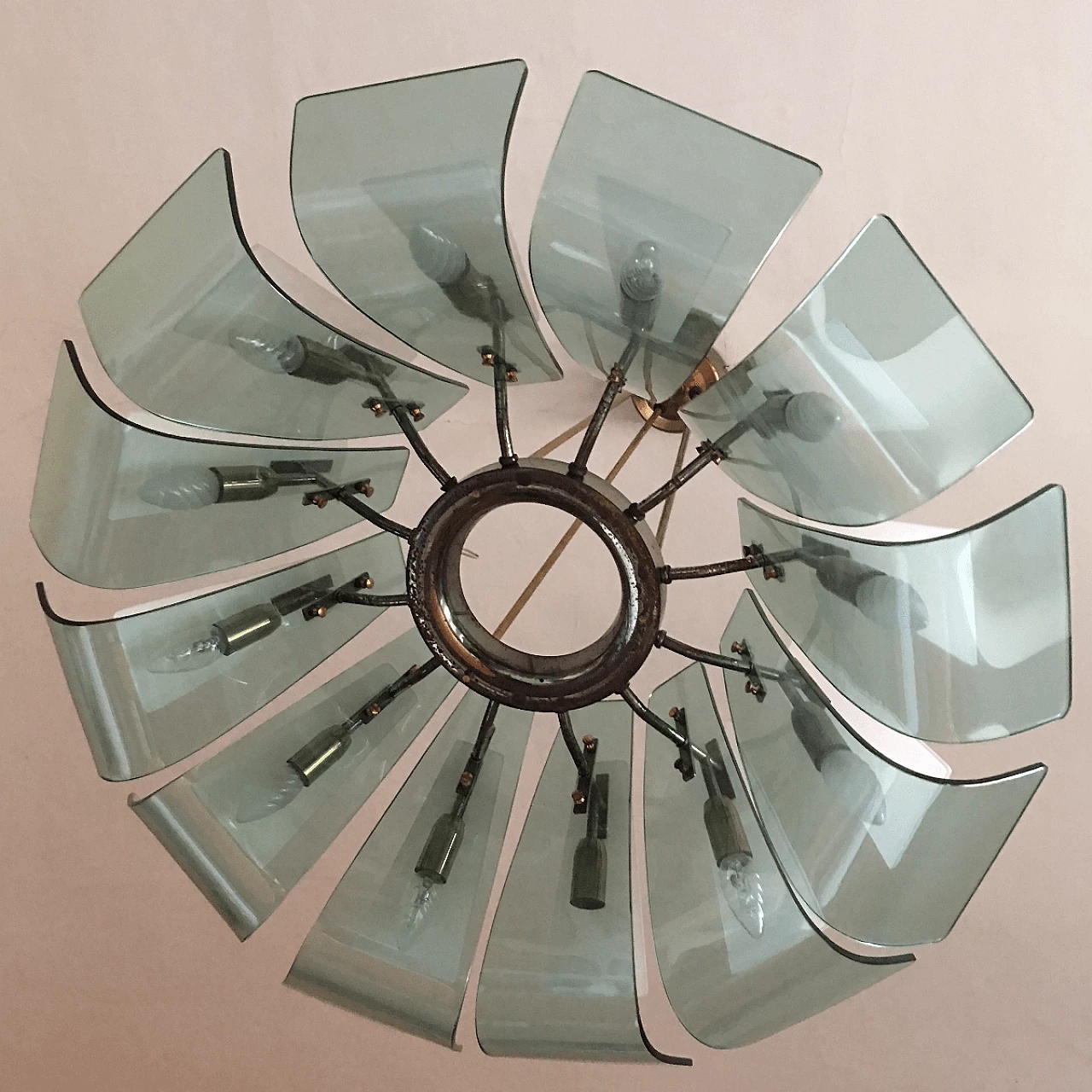 Fontana Arte style glass and brass chandelier, Italy, 50s 1060421