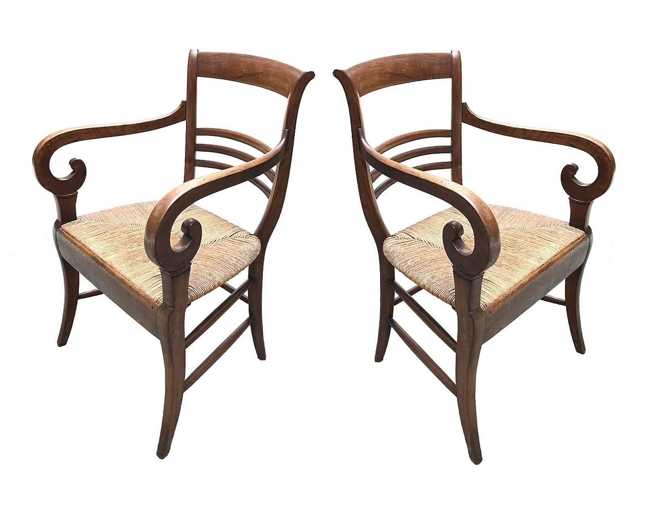 Pair of Carlo X armchairs in walnut with straw seat, 19th century 1