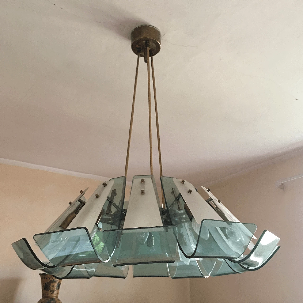 Fontana Arte style glass and brass chandelier, Italy, 50s 1060631