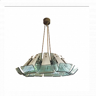 Fontana Arte style glass and brass chandelier, Italy, 50s