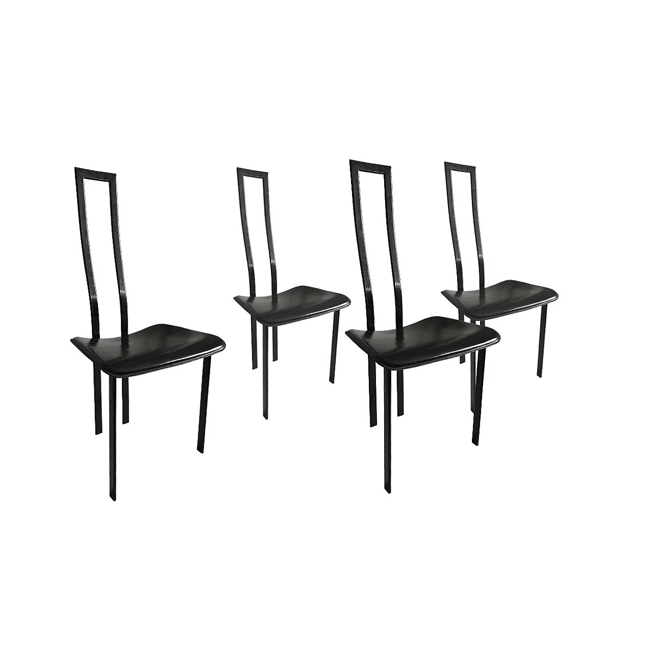 4 sedie nere con sedile in pelle, Giorgio Cattelan, anni '70 1060859