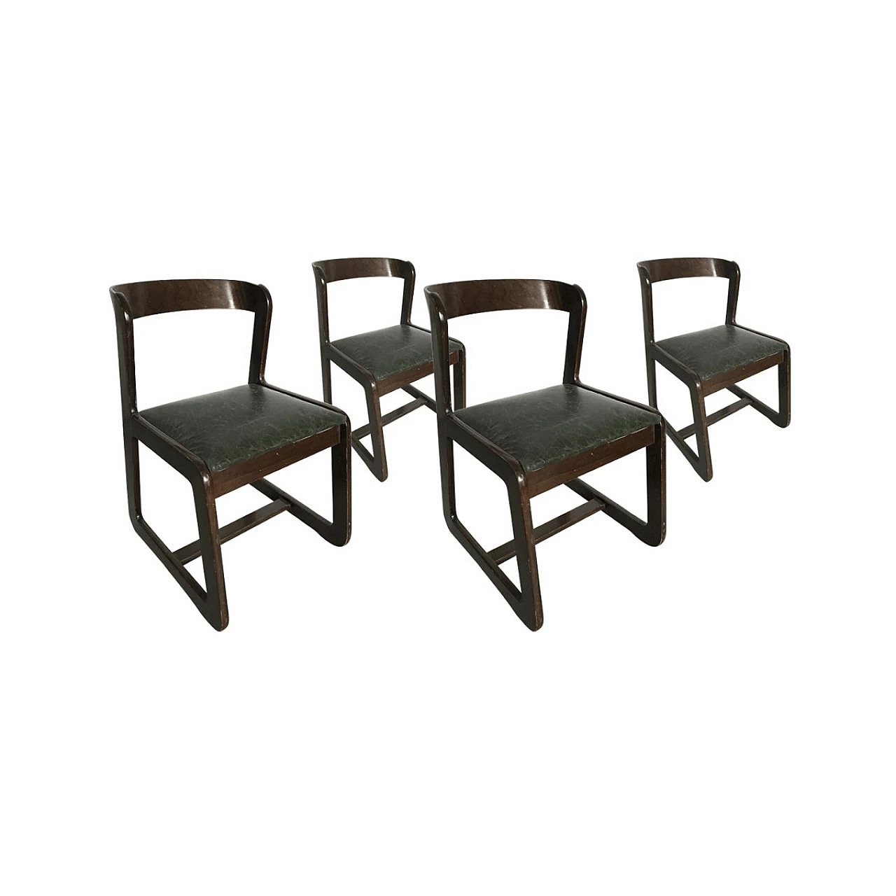 4 Willy Rizzo chairs, in wood with green leather seat, 70s 1060938