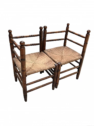 Divanetto impagliato scomponibile in 2 poltrone, fine '800