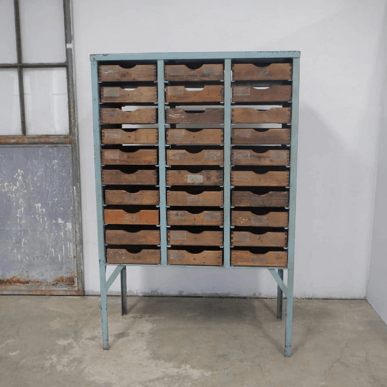Industrial metal cabinet with wood drawers, 50's 1061652